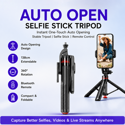 ONE7 Auto Open Selfie Stick Tripod with Bluetooth Remote