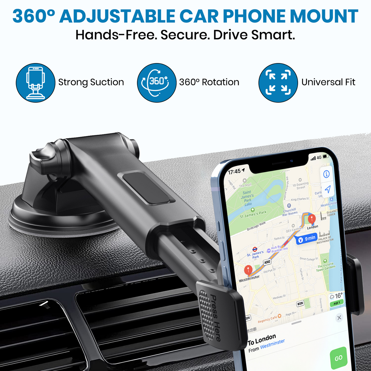 ONE 7 Extend Grip Pro Car Phone Holder | Dashboard & Windshield Mount | 360° Rotation | One-Touch Release | Telescopic Arm