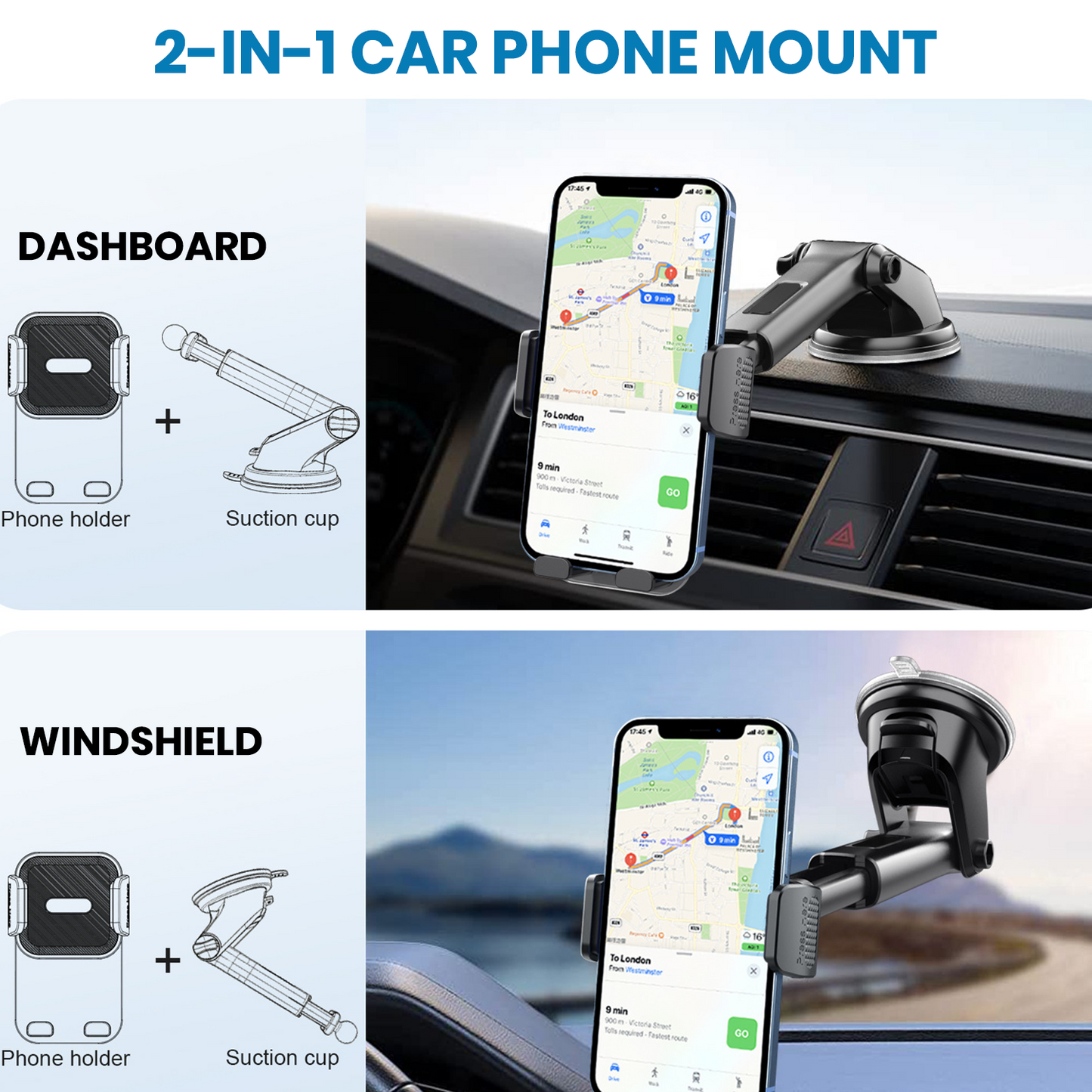 ONE 7 Extend Grip Pro Car Phone Holder | Dashboard & Windshield Mount | 360° Rotation | One-Touch Release | Telescopic Arm