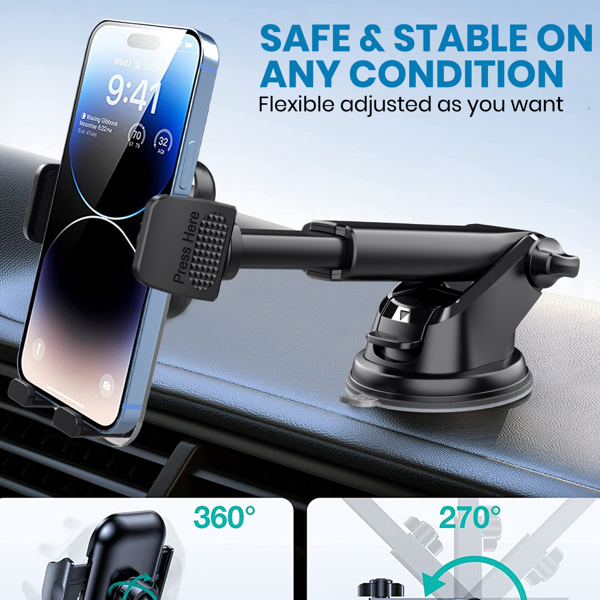 ONE 7 Extend Grip Pro Car Phone Holder | Dashboard & Windshield Mount | 360° Rotation | One-Touch Release | Telescopic Arm